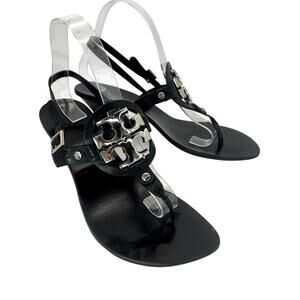 Tory Burch Miller Kitten Heel Sandals Black Leather Silver Slingback 9.5